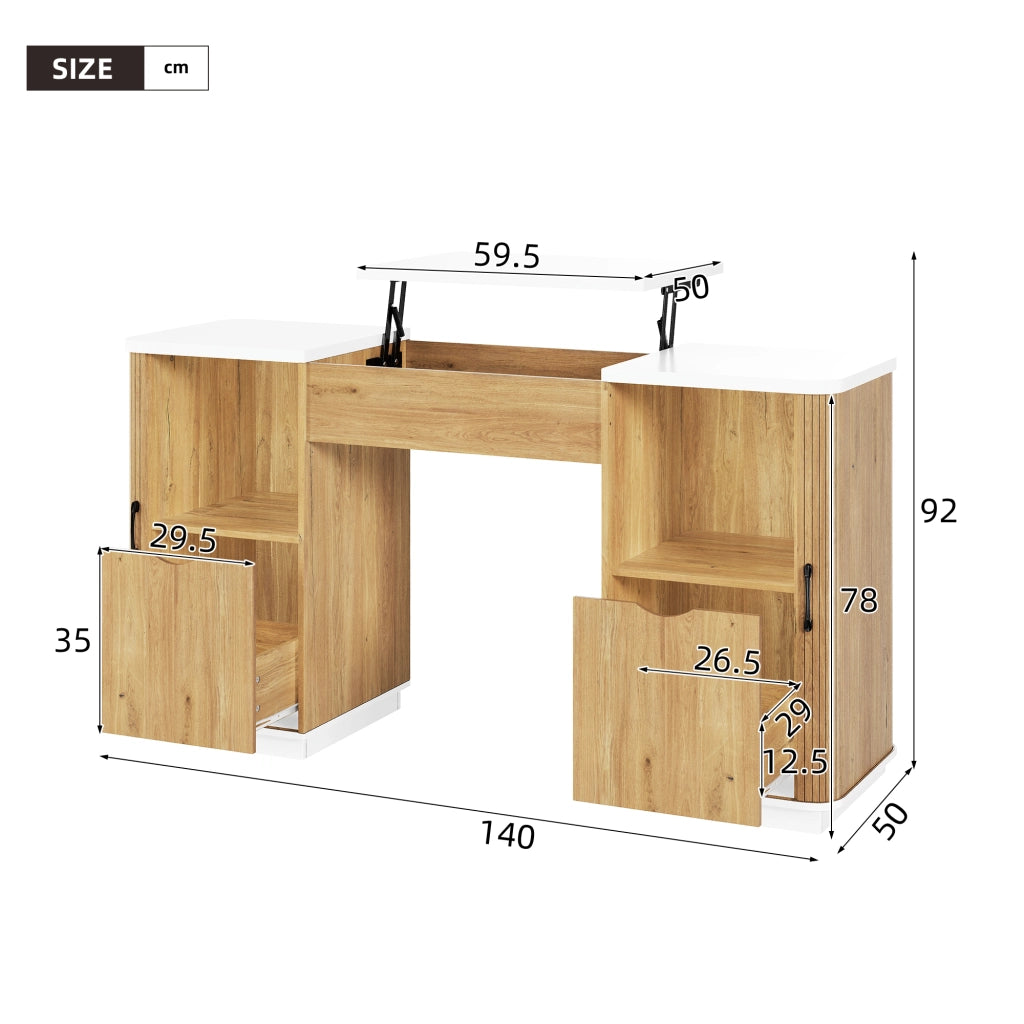 Scrivania regolabile in altezza con 2 cassetti e 2 vani aperti, piano sollevabile per studio e camera, MDF bianco rovere