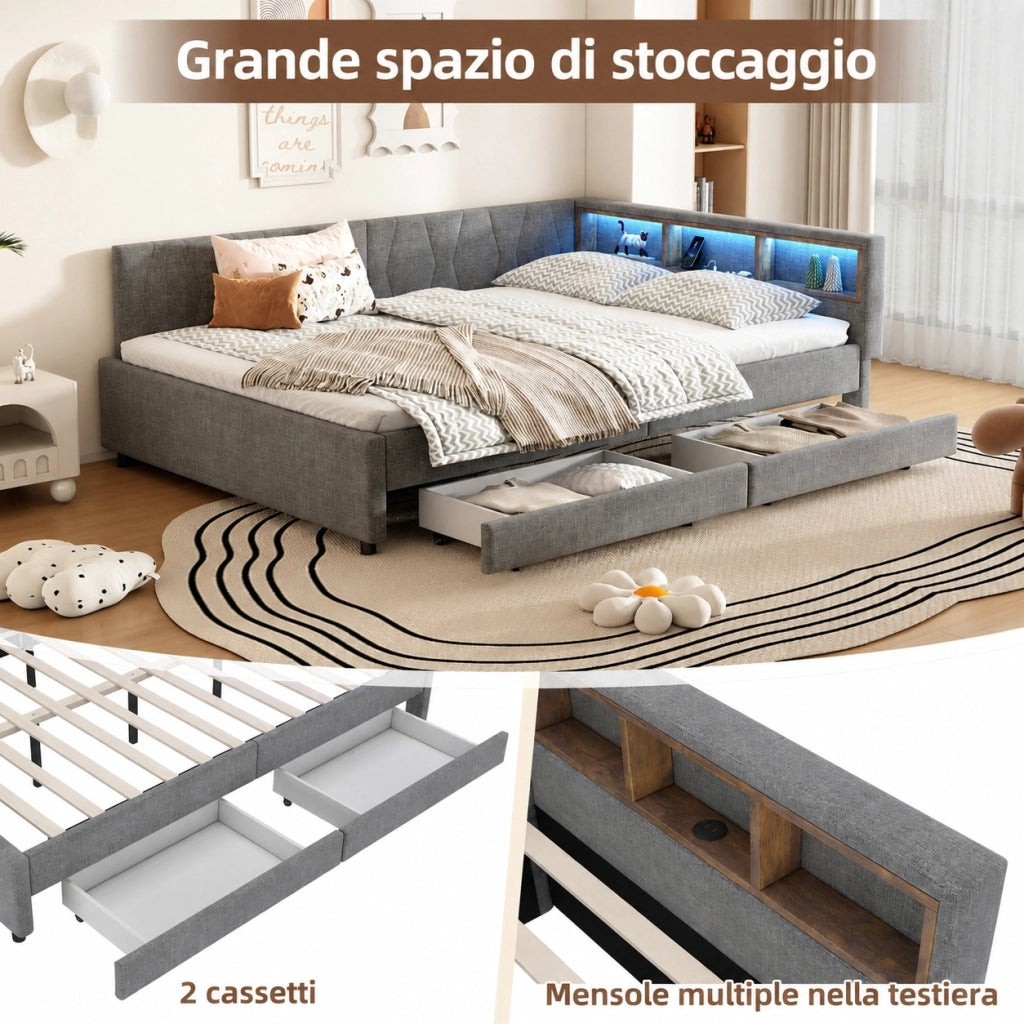 Letto estraibile 140x200 cm con rete a doghe; USB e porta tipo C; LED e vani portaoggetti; lino e MDF; grigio