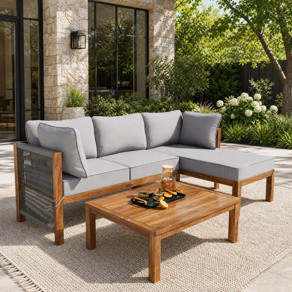Set da giardino 3 pezzi con 2 divani e tavolino in legno di acacia e metallo; grigio