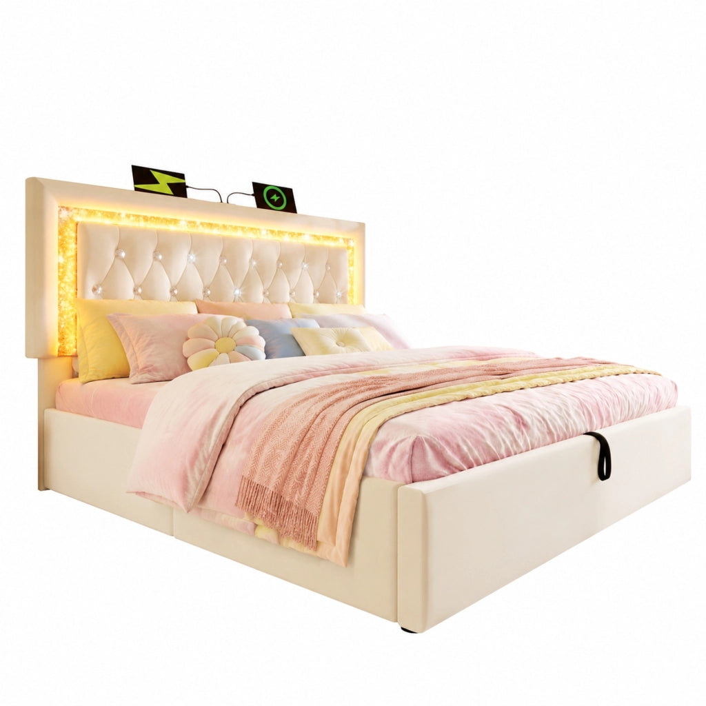 Letto imbottito 160x200 cm in velluto con LED, USB e contenitore