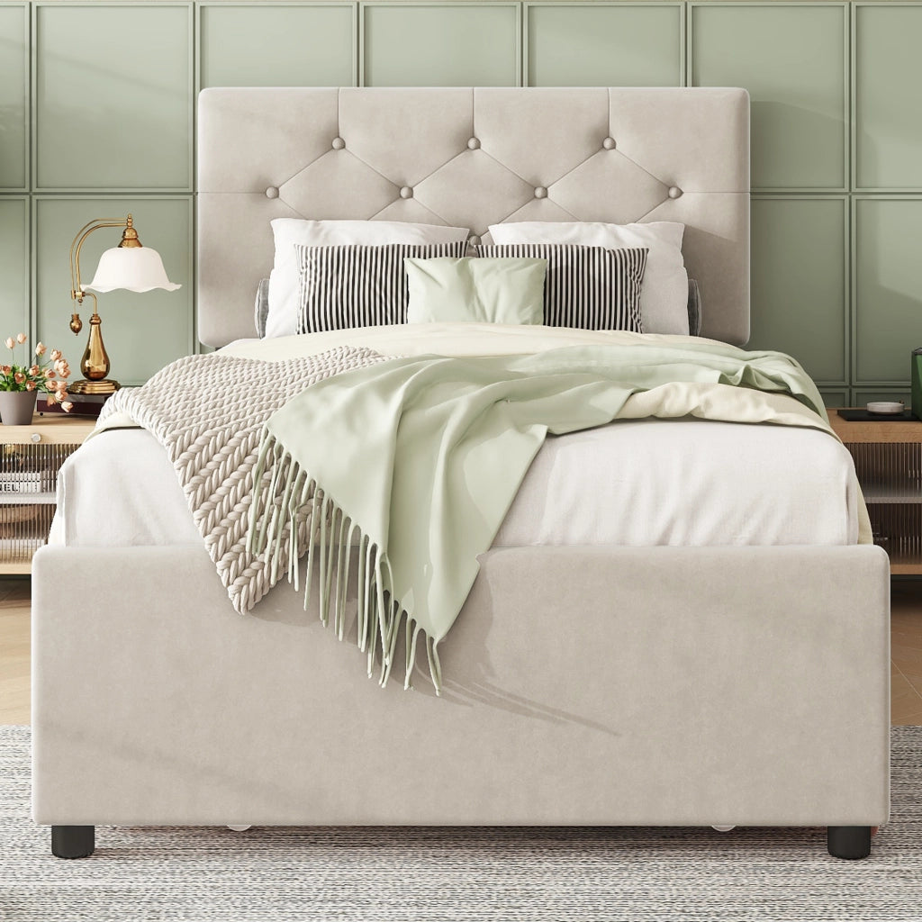 DESMIU Letto estraibile Letto singolo 90 × 200 cm 1 posto con letto aggiuntivo, senza materasso, velluto, beige