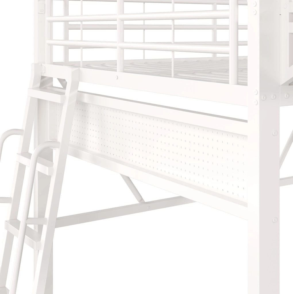 Letto a soppalco 140x200 cm in metallo bianco con vani portaoggetti HOMVRA