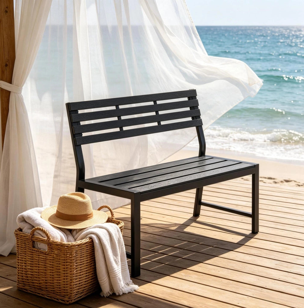 Panca da giardino con schienale in metallo e lamelle PS, 115x55x85 cm, colore nero