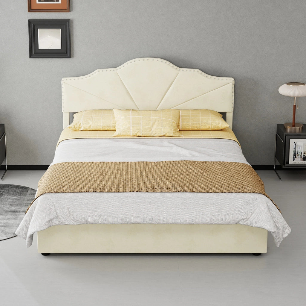 Letto moderno beige 140x200 cm con testiera imbottita e contenitore con pistoni idraulici, struttura in legno multifunzionale senza materasso