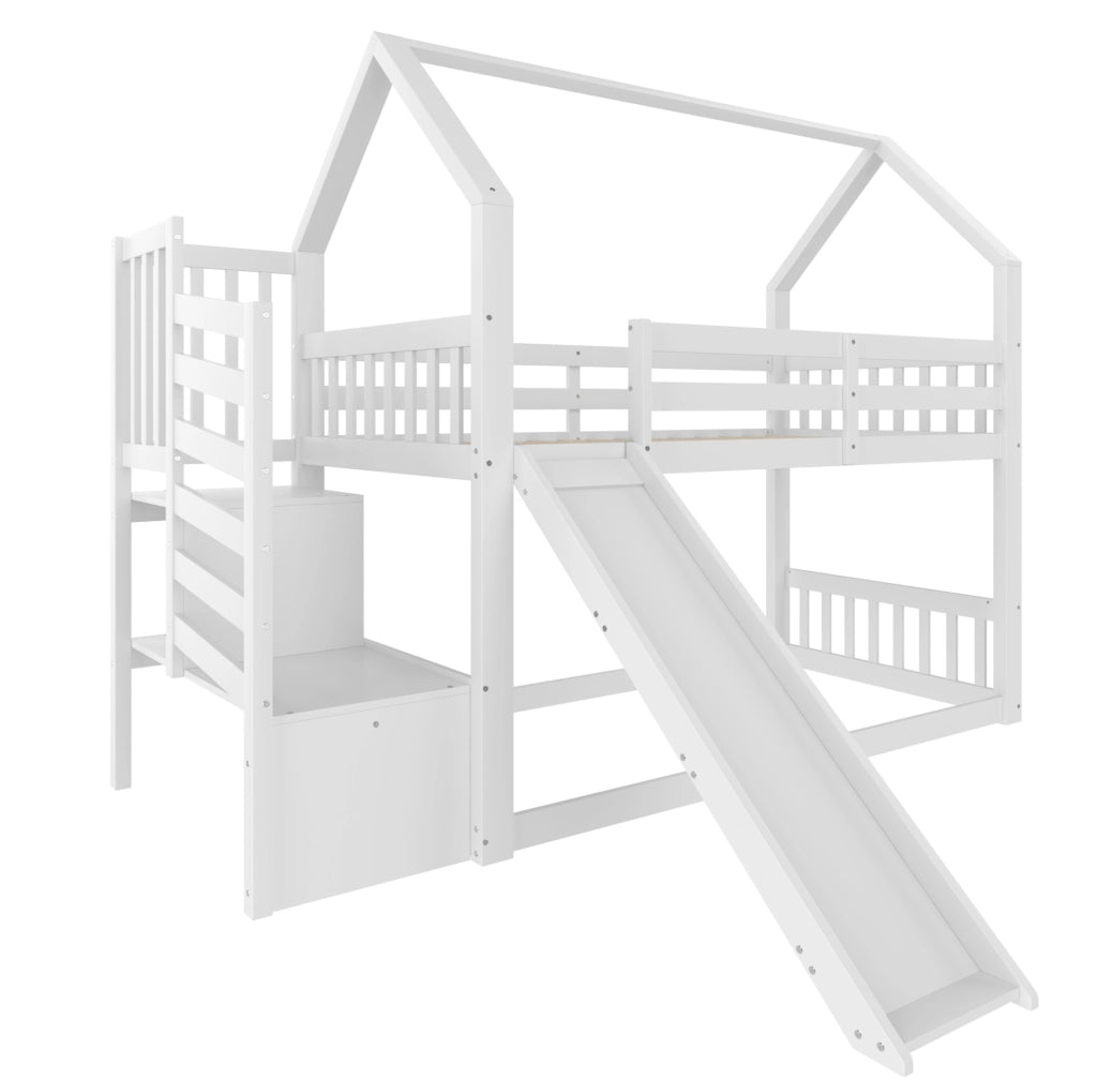 Letto a castello per bambini con scala contenitore; scivolo e sponde; 90x200 cm; pino e MDF; bianco