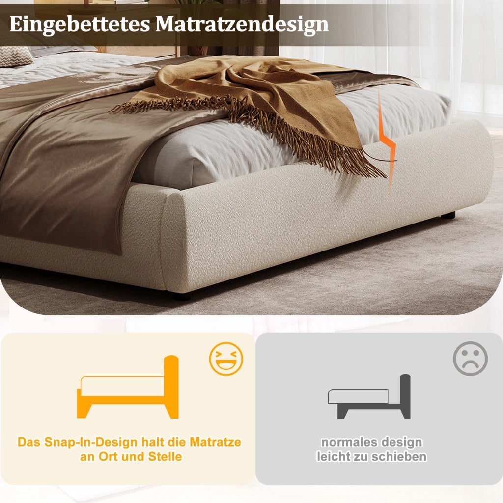 Letto contenitore imbottito con testiera in bouclé beige; rete a doghe inclusa e vano sottoletto