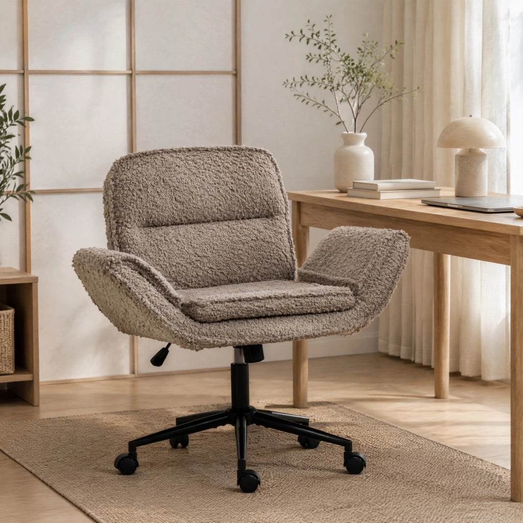 Sedia da ufficio girevole in teddy fleece marrone con braccioli ribaltabili
