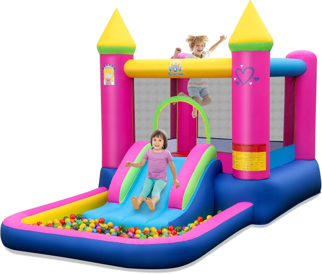 4-in-1 Castello Gonfiabile per Bambini, Castello a Tema Principessa con Scivolo, Area Salto, Canestro da Basket e Vasca per Palline, Giochi Gonfiabile per 3-12 Anni (Senza Soffiatore)