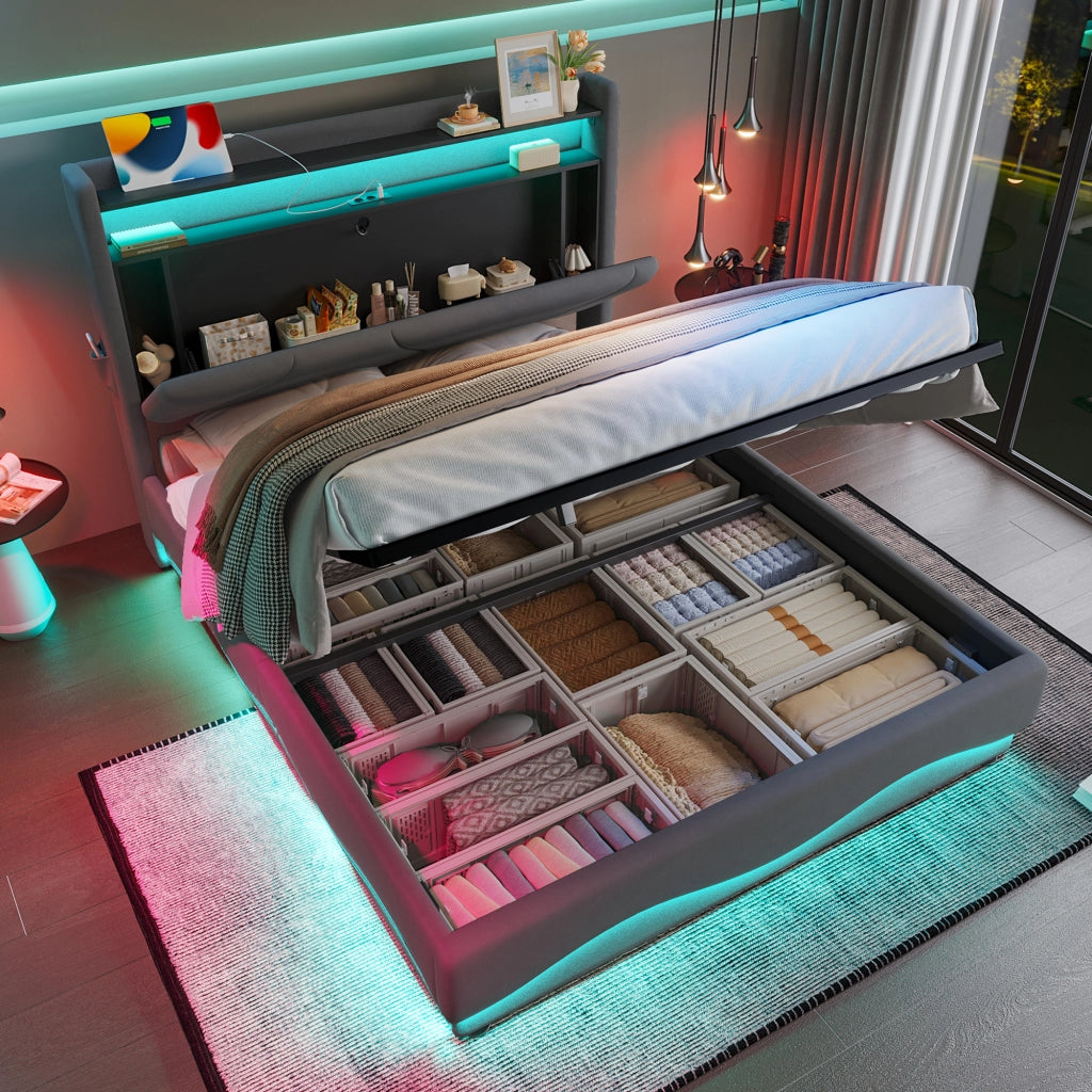 Letto contenitore 140 × 200 cm con testiera in velluto; LED; prese USB e Type-C; vano contenitore grigio scuro