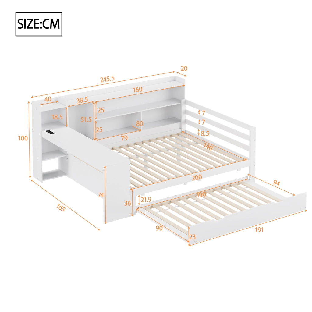 Letto con letto estraibile 140 × 200 cm con scrivania; ripiani; vani e prese USB in legno bianco