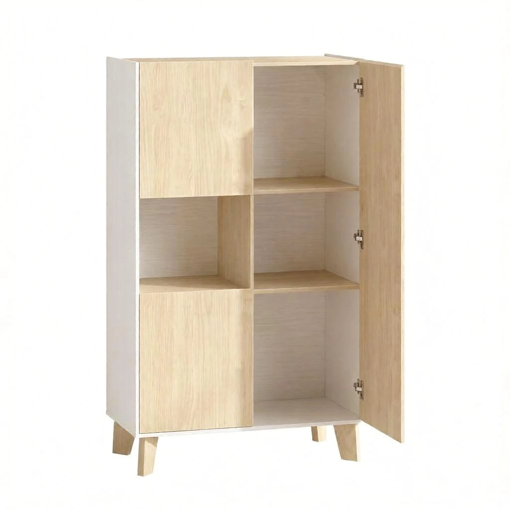 Madia con cinque vani e ante ammortizzate bianca e rovere chiaro per soggiorno 80 × 40 × 135 cm