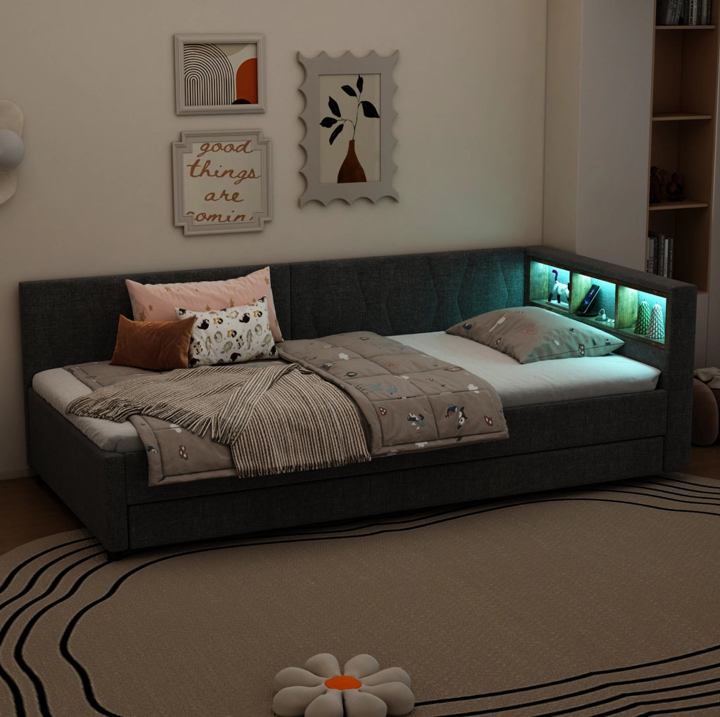 Letto daybed multifunzione 90x200 cm con letto estraibile; USB Type C; LED; grigio