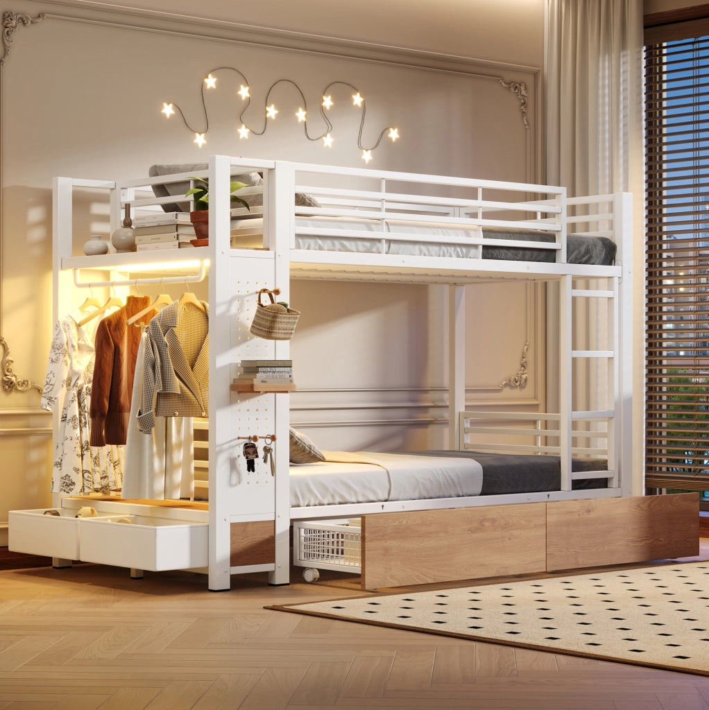 Letto a castello 90x200 cm con cassetti, LED e appendiabiti