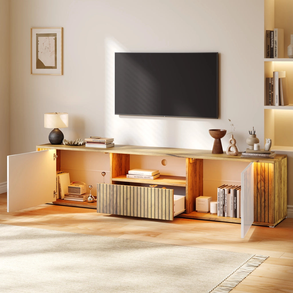 Mobile Porta TV 180 cm per 75 Pollici con Luci LED; Bianco e Legno; 1 Cassetto e 2 Ante