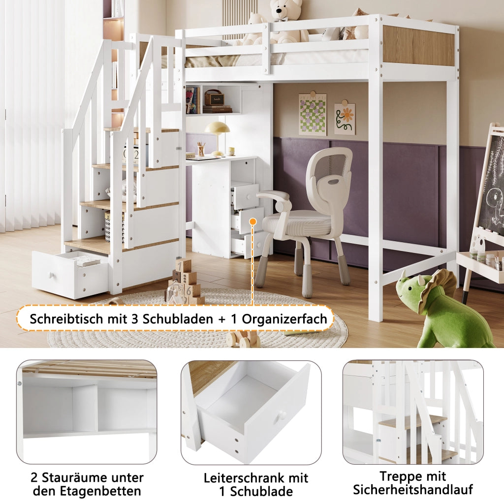 Letto a Soppalco 90x200 cm con Scrivania, Cassetti, Libreria e Scala Contenitore, Bianco E Naturale