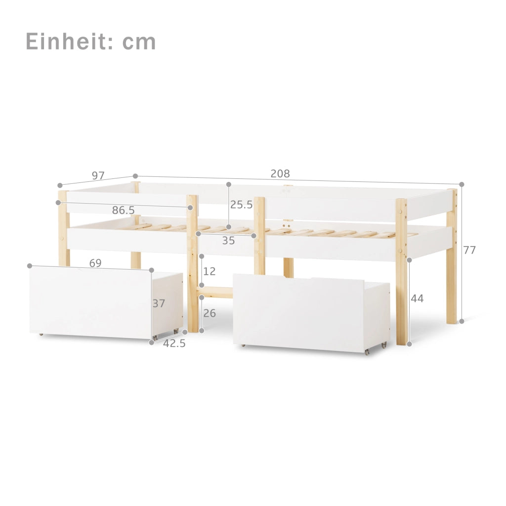 Letto a soppalco 90 × 200 cm con due cassetti e barriera di protezione in legno bianco