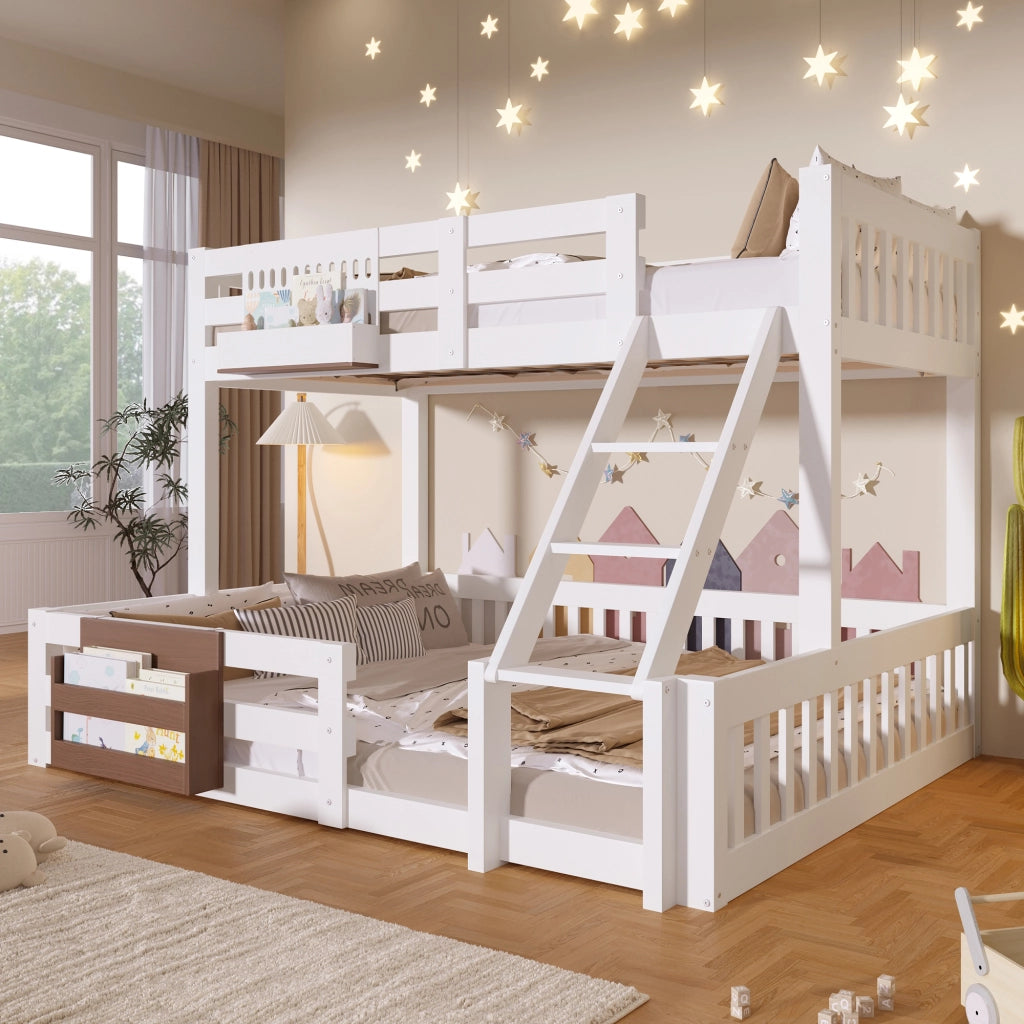 Letto a castello 3 posti 90 x 200 e 140 x 200 cm con contenitori e scaletta, letto per bambini bianco in pino, MDF e metallo con sponde di sicurezza