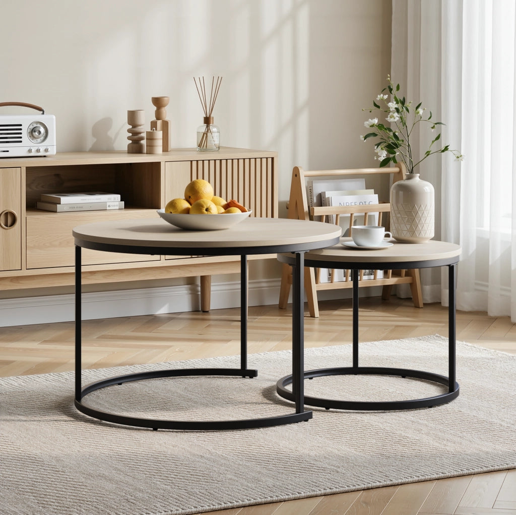 Set di 2 tavolini da salotto rotondi sovrapponibili; effetto rovere; ferro e truciolare