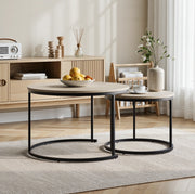 Set di 2 tavolini da salotto rotondi sovrapponibili; effetto rovere; ferro e truciolare
