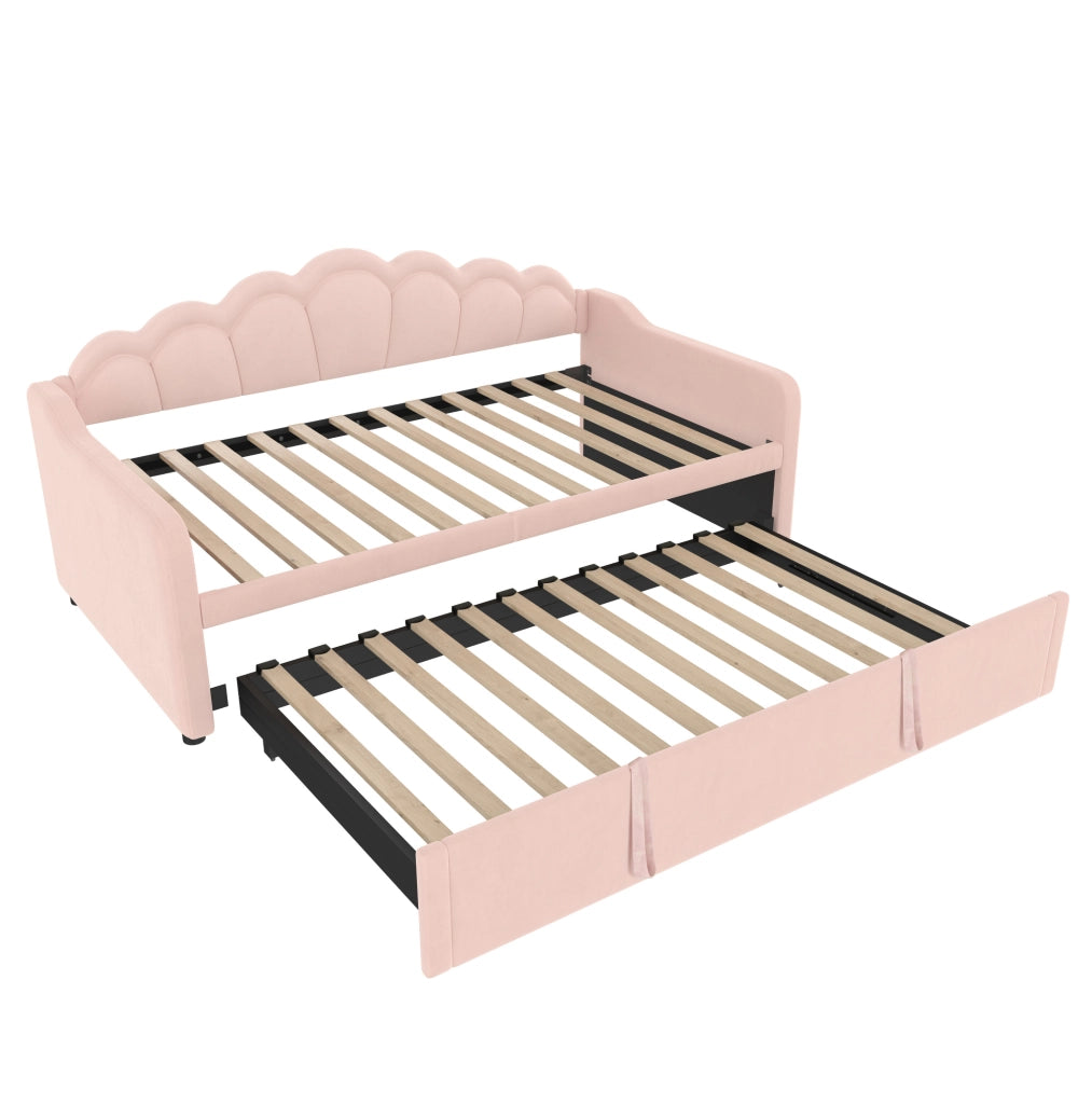 Letto Giorno con Letto Estraibile e LED Multicolore, Velluto Rosa, 90x200 cm (180x200 cm)