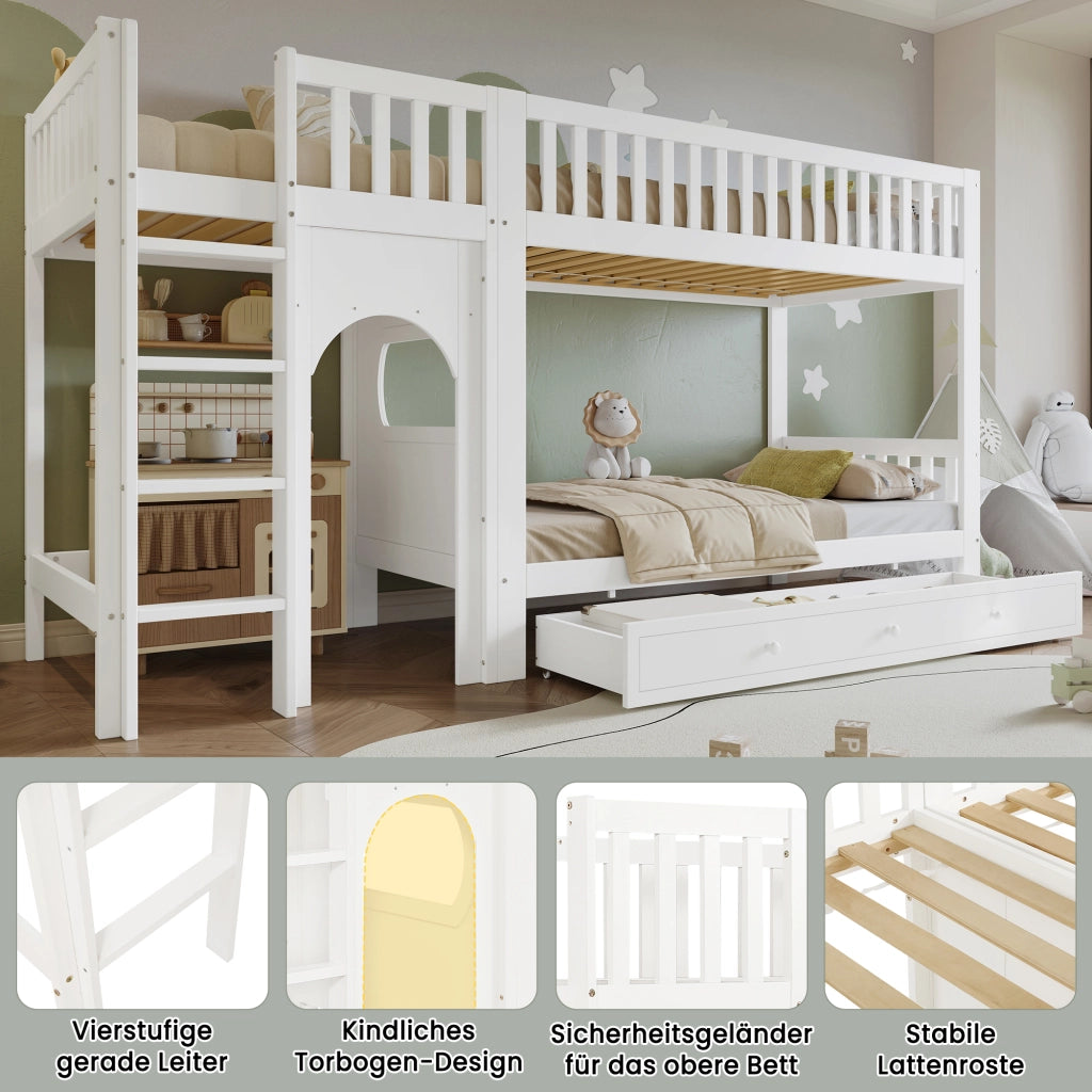 Letto a castello per bambini con scala a quattro gradini e sponde legno bianco e naturale 90 × 200 cm