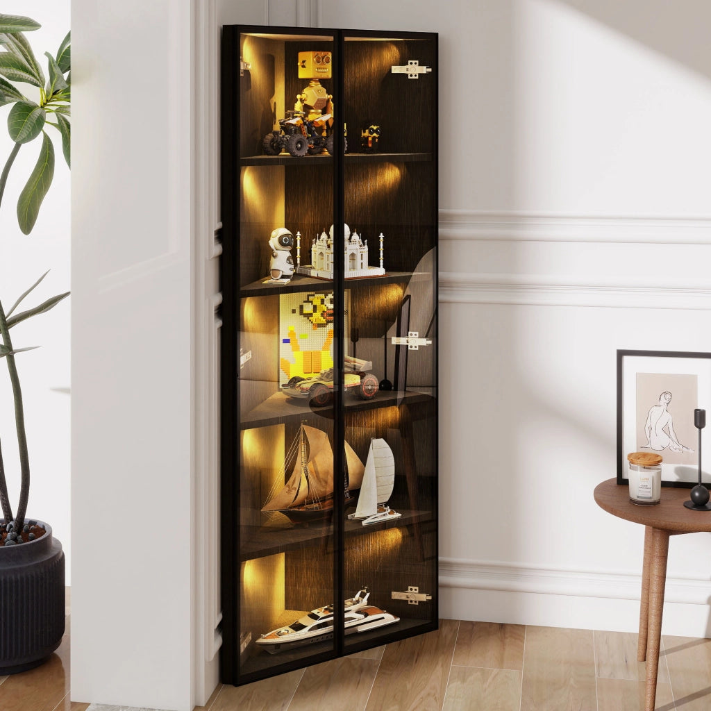 Vetrina angolare con illuminazione LED in MDF e vetro nero con chiusura ammortizzata 62 × 35 × 160 cm
