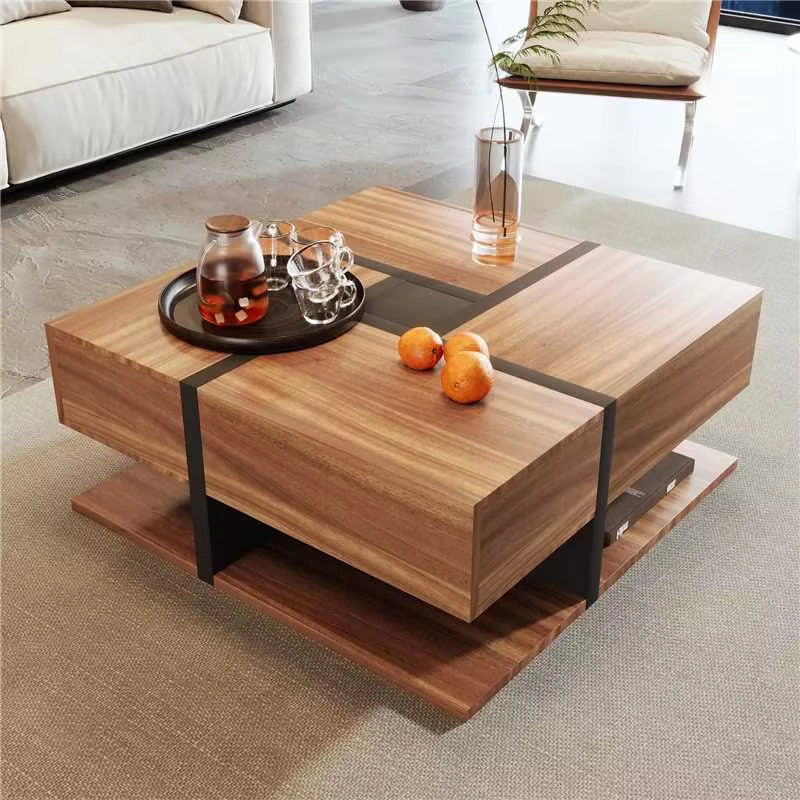 Tavolino da salotto quadrato 78 x 78 x 36 cm in pannello truciolare con 4 cassetti e ripiano