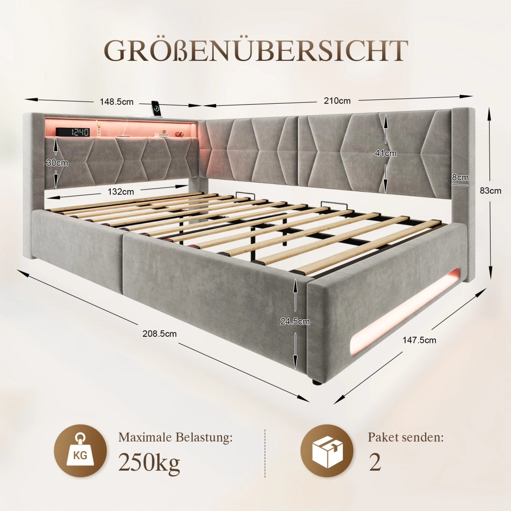 Letto contenitore imbottito 140x200 cm con LED; USB e Type-C; rete a doghe; velluto grigio scuro