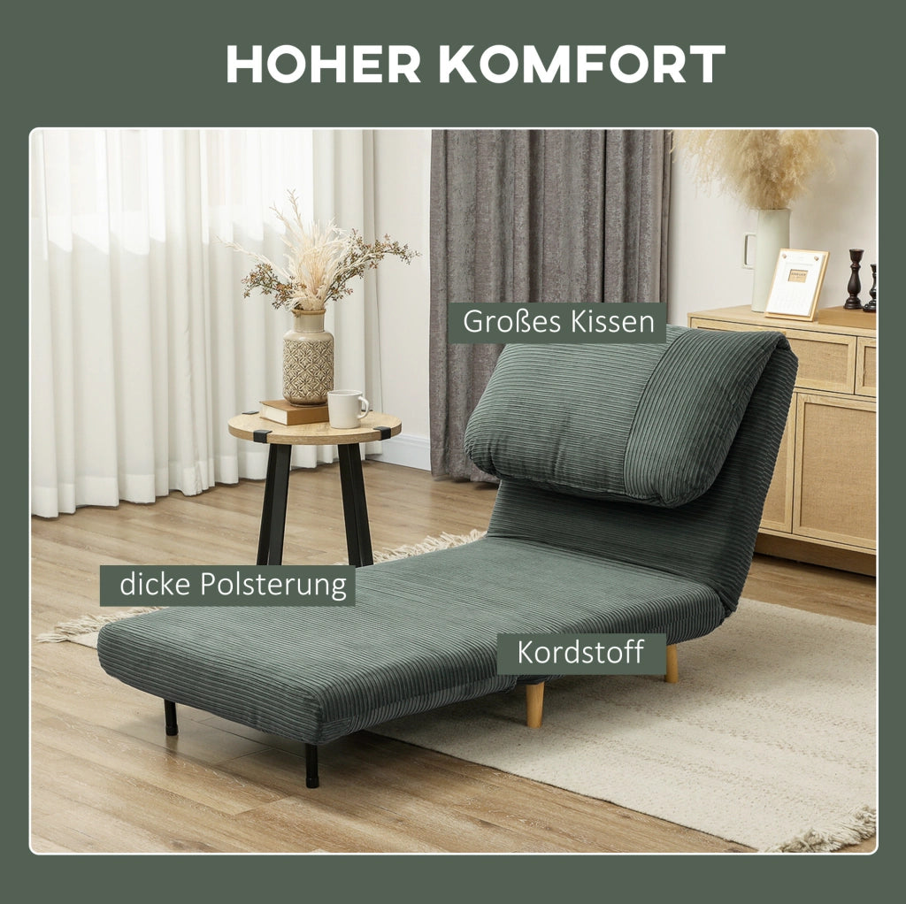 Poltrona Letto 2-in-1 con Schienale Regolabile e Rivestimento in Velluto Verde 82x89x83 cm