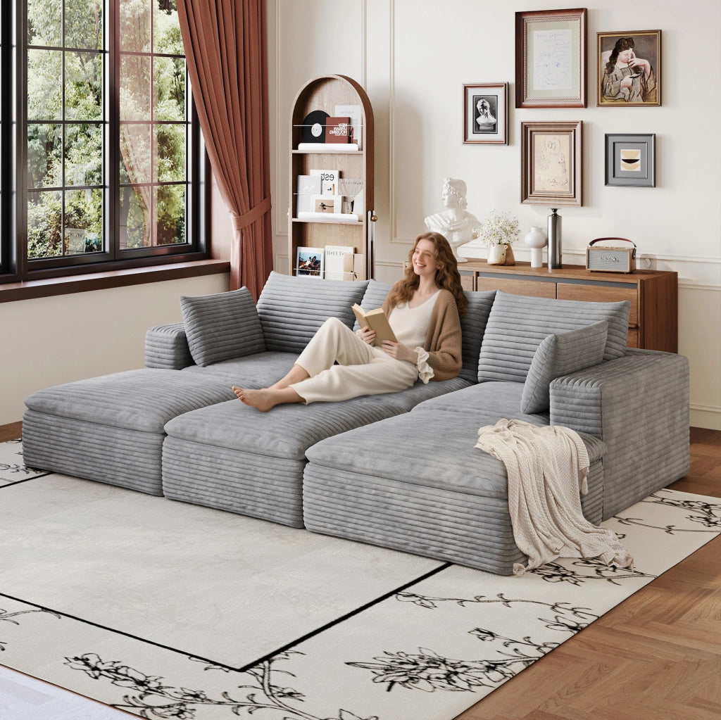Divano Cloud 260 cm in tessuto di velluto a coste grigio scuro con imbottitura sfoderabile e design a doppio strato