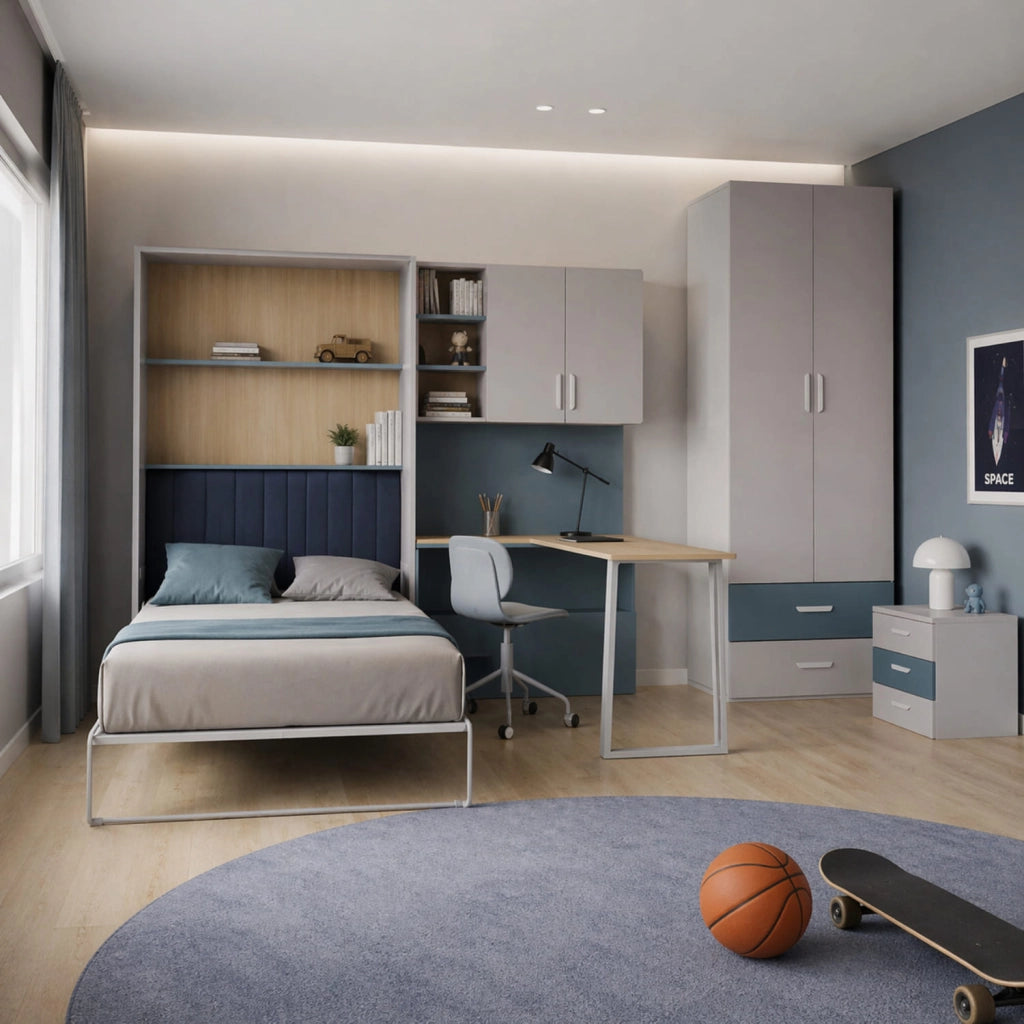 Cameretta Con Letto A Scomparsa Scrivania Armadio Cassettiera Salvaspazio In Melaminico Camera Completa Per Bambini Ragazzi Stanza Ospiti 133 X 208.5 X 45-216 Cm Cashmere E Blu