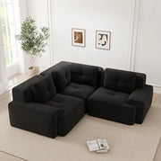 Divano modulare angolare imbottito in tessuto di velluto nero, senza telaio, profondità seduta 74 cm, design antiscivolo