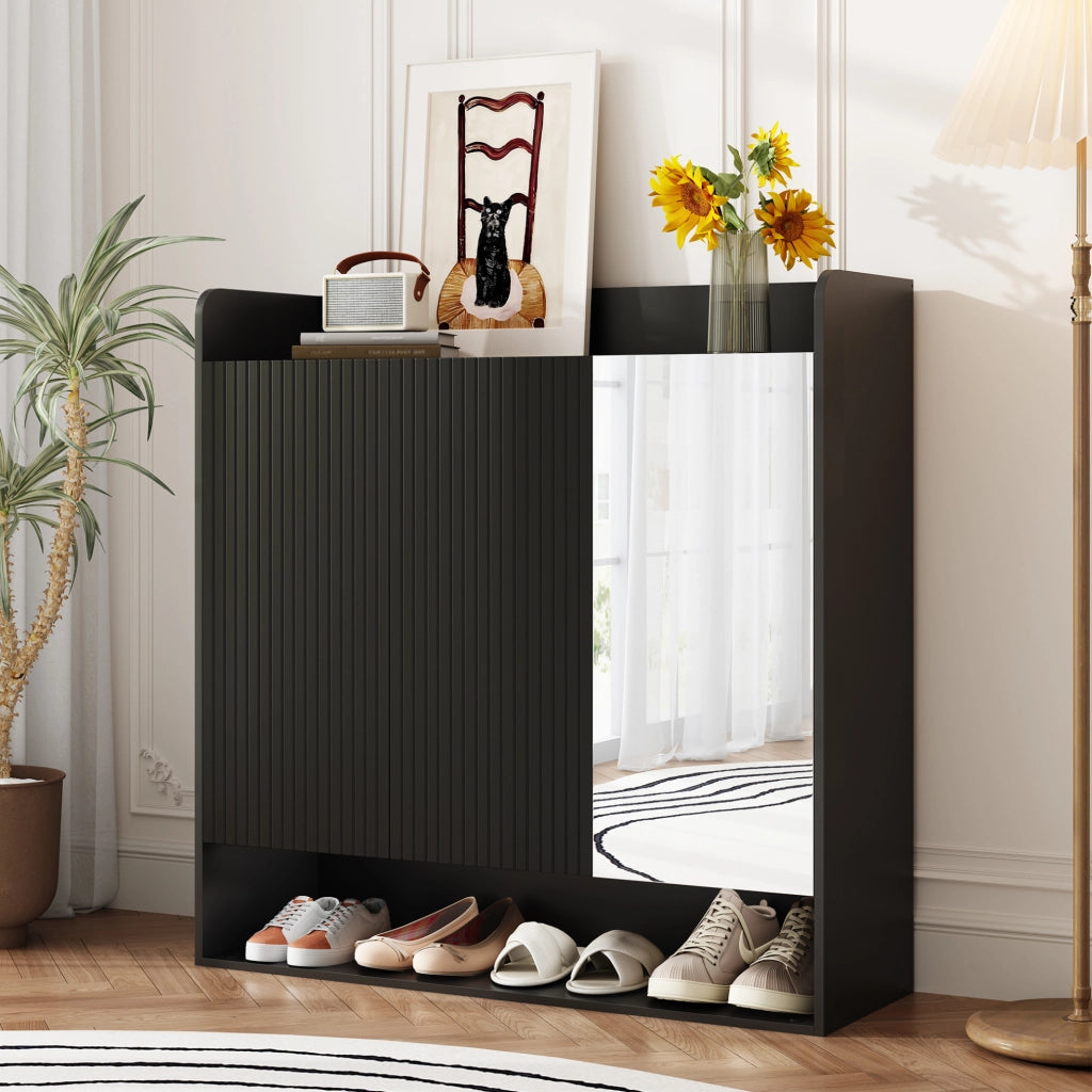 Scarpiera con specchio a figura intera; 110 ¡Á 35;5 ¡Á 110 cm; MDF e truciolare; nera