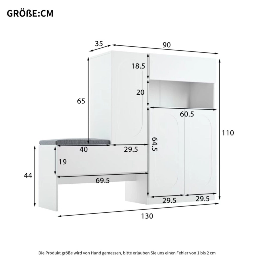Scarpiera con panca 130x35x110 cm in truciolare; ante soft-close e cuscino grigio