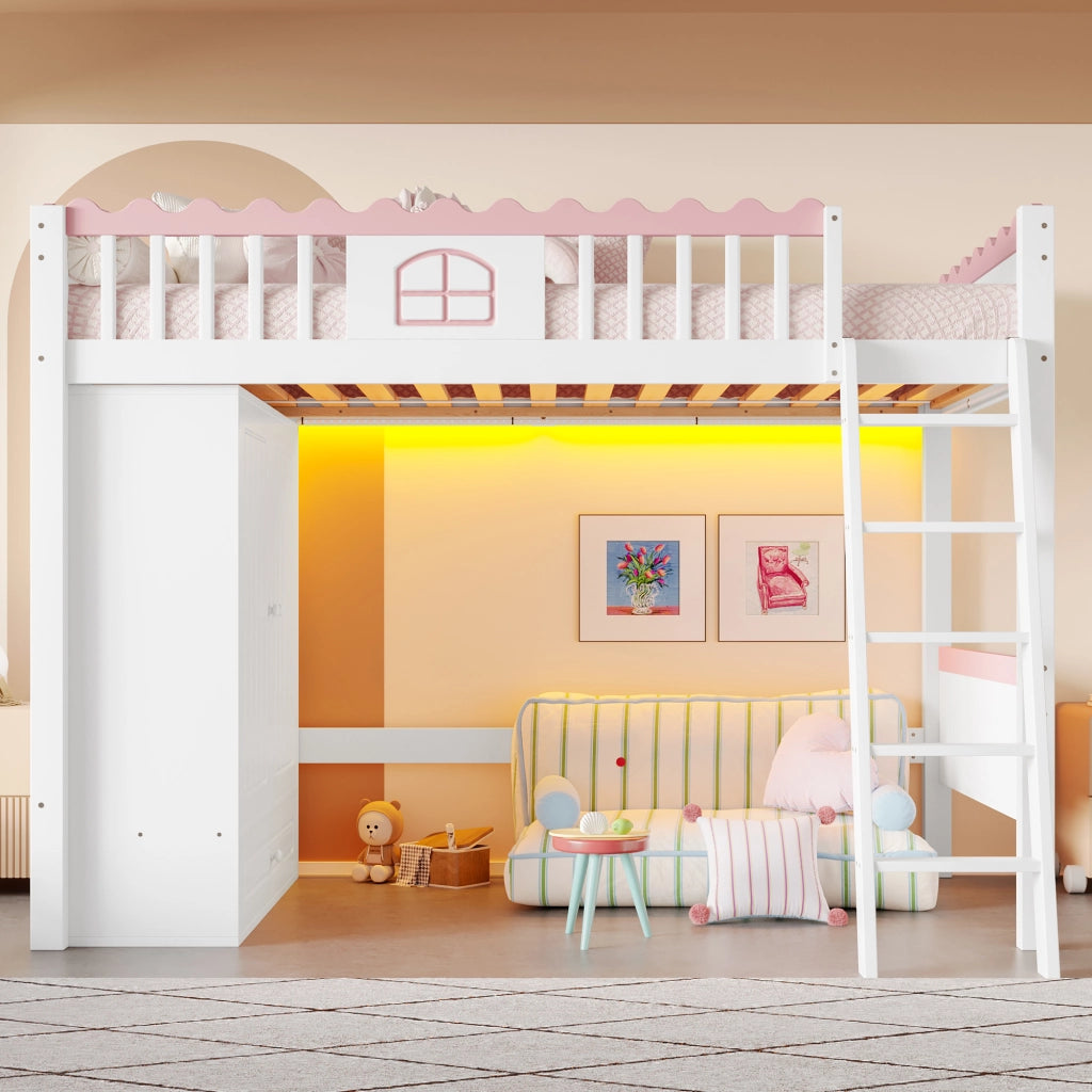 Letto a soppalco per bambini 90 × 200 cm con armadio, cassetto e illuminazione LED, senza materasso, bianco