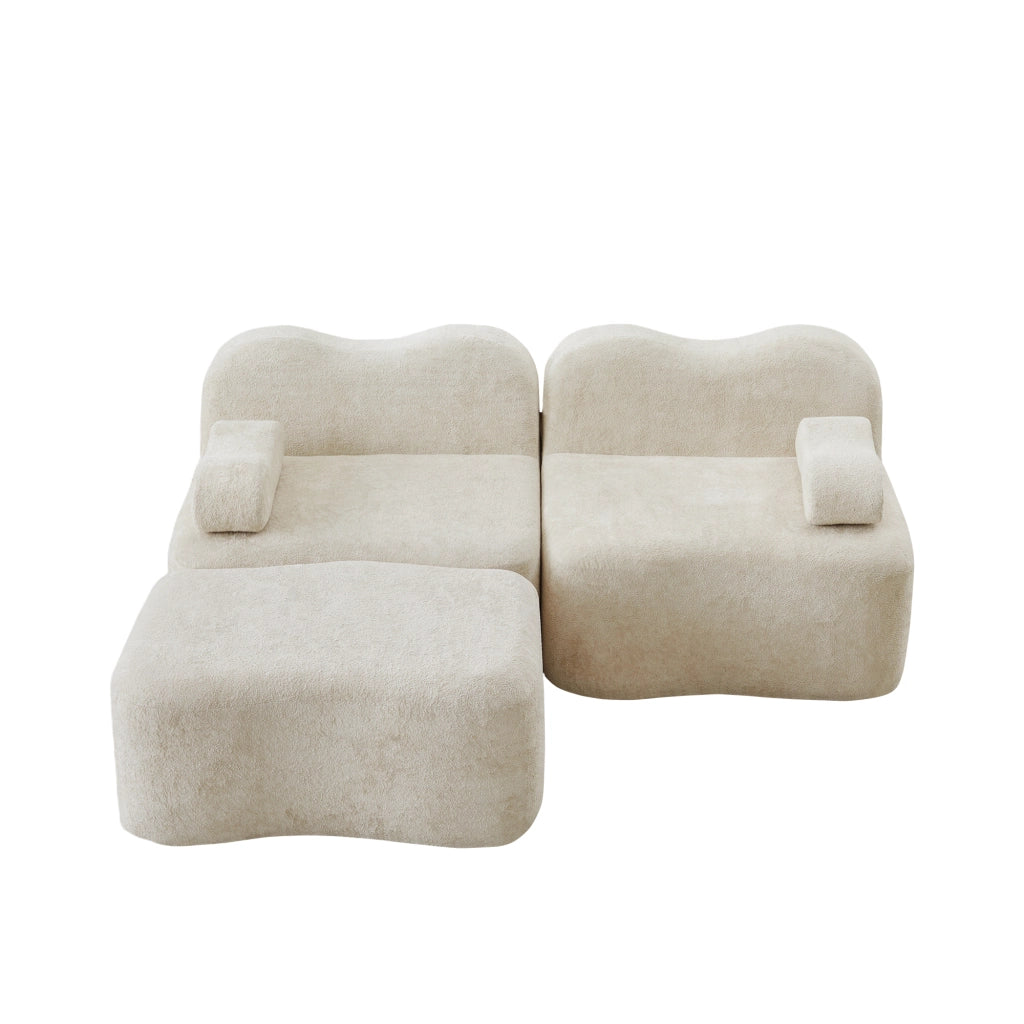 Divano angolare modulare 2 posti con pouf, bracciolo mobile e seduta profonda in velluto beige 192×167×70 cm