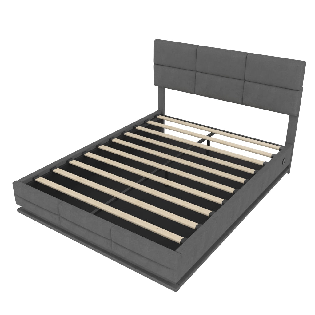Letto imbottito 160x200 cm con contenitore, LED dimmerabile e USB in velluto grigio scuro