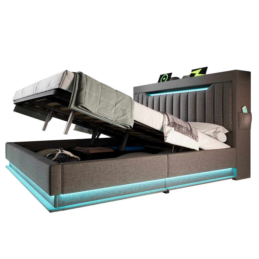 Letto matrimoniale 140x200 cm con materasso; LED; USB e Type-C; vano contenitore idraulico; grigio in lino