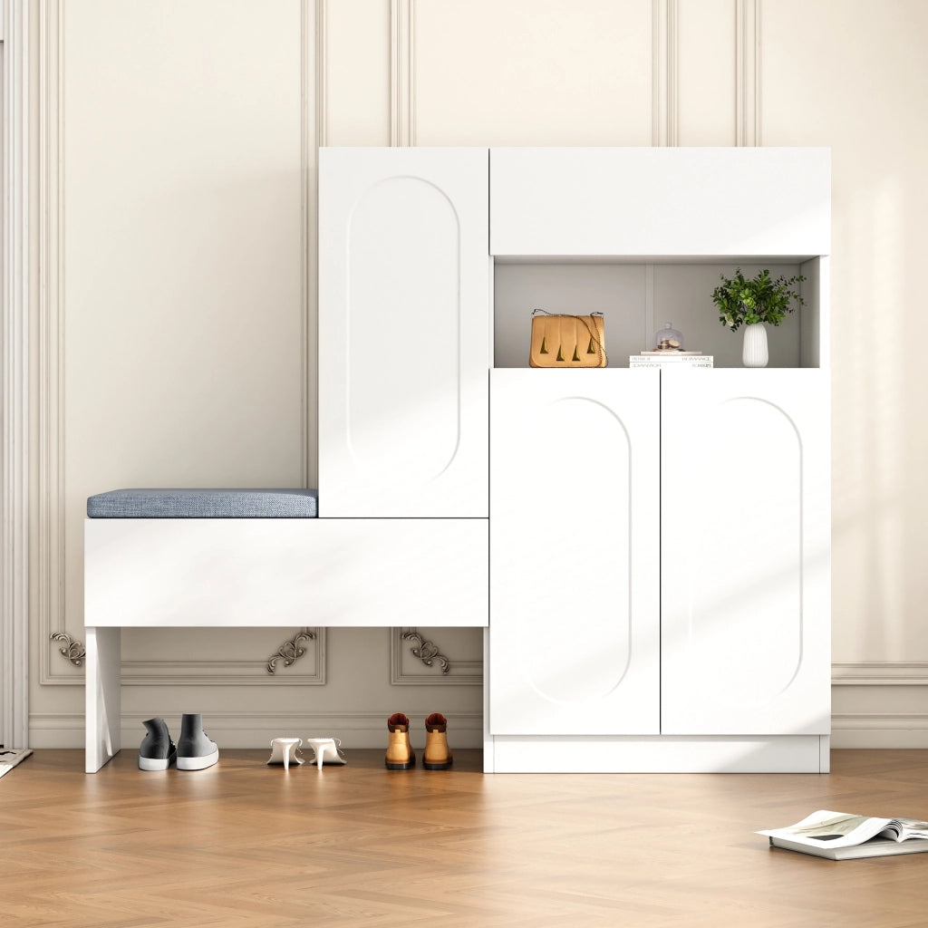 Scarpiera con panca 130x35x110 cm in truciolare; ante soft-close e cuscino grigio