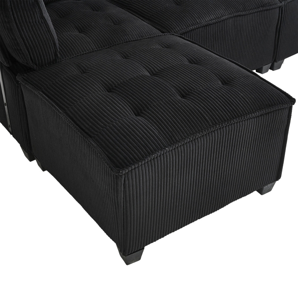 Divano modulare 6 posti 308 cm trasformabile in letto in velluto a coste nero
