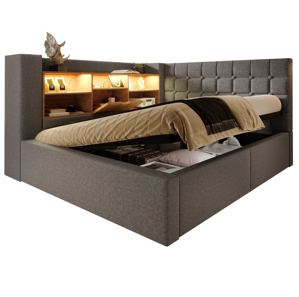 Letto 140x200 cm con contenitore idraulico; LED e porte USB in lino grigio
