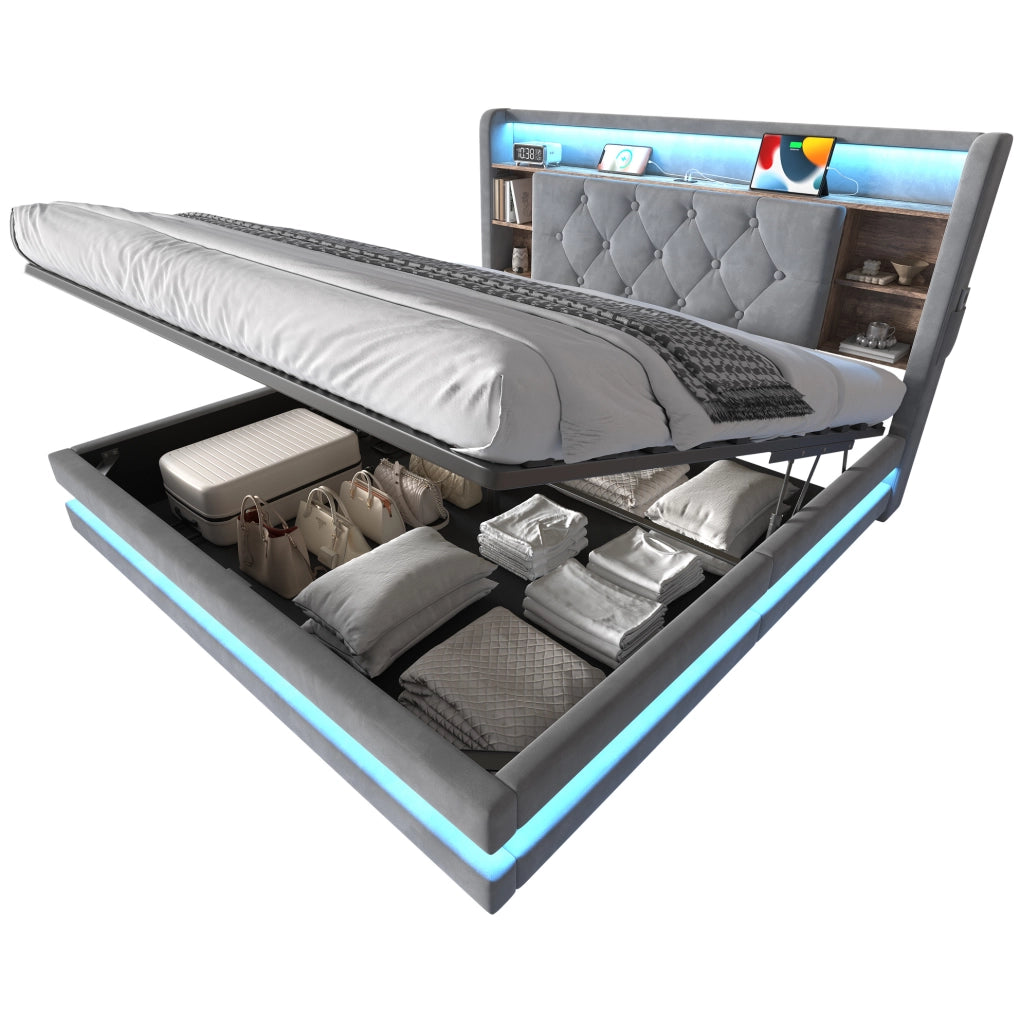 Letto imbottito 140x200 cm grigio scuro con LED e USB