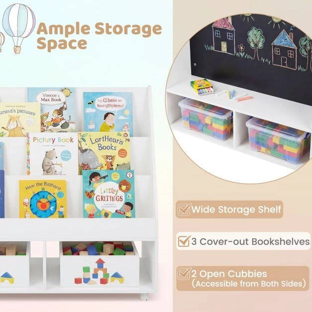 Libreria per bambini a doppio lato su ruote con lavagna e cubi aperti in MDF bianco salvaspazio 90 x 45,5 x 87 cm