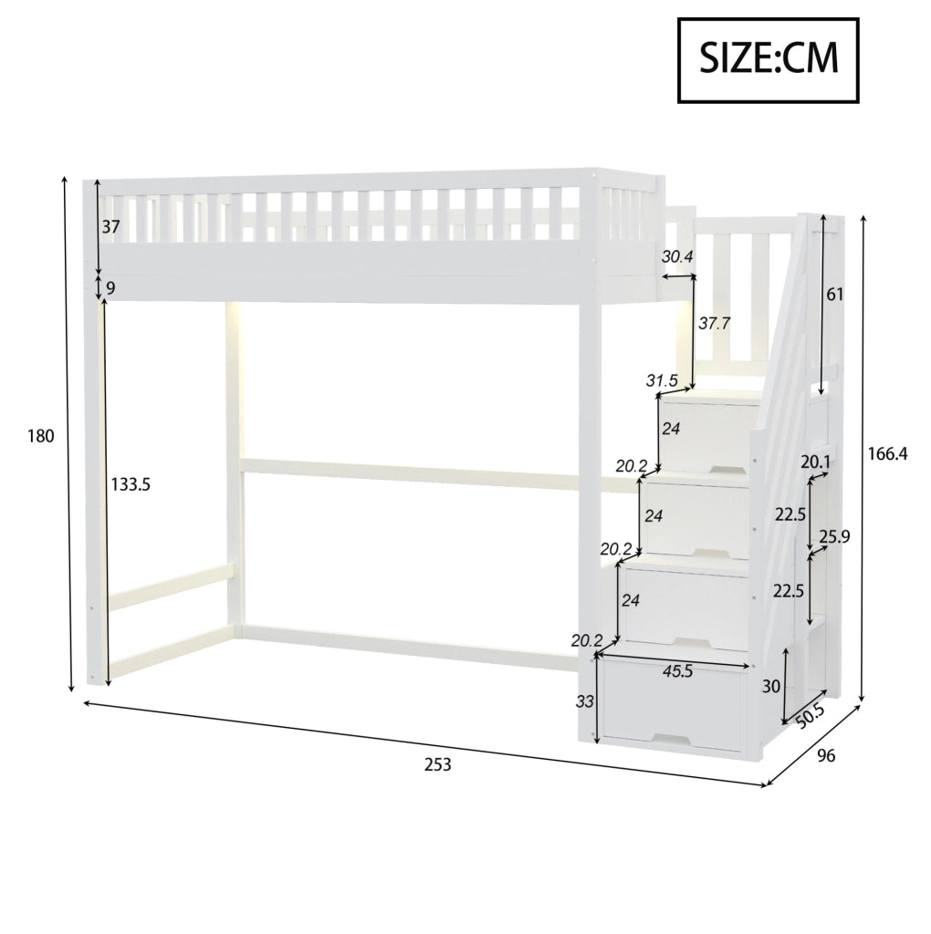 Letto a castello alto 90x200 cm in legno bianco con scala contenitore e LED