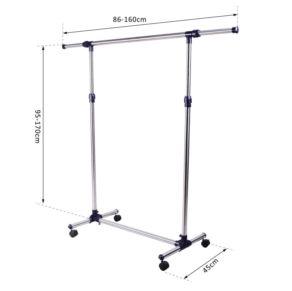 Appendiabiti con ruote regolabile in altezza e larghezza, struttura in acciaio inox, da 86 a 160 cm di larghezza