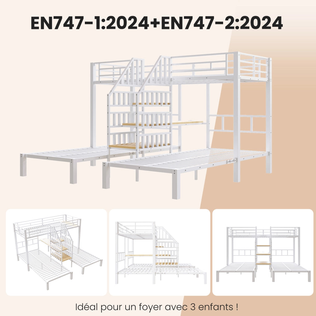 Letto a castello 90 x 200 cm, 3 letti, con striscia LED, scala con contenitore, 2 porte USB e 1 presa, scrivania, scaffale, Bianco