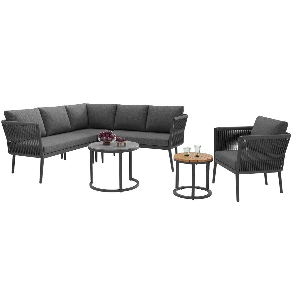 Set salotto da esterno modulare 6 pezzi per 5-6 persone con cuscini, tavolini e struttura in PE rattan grigia