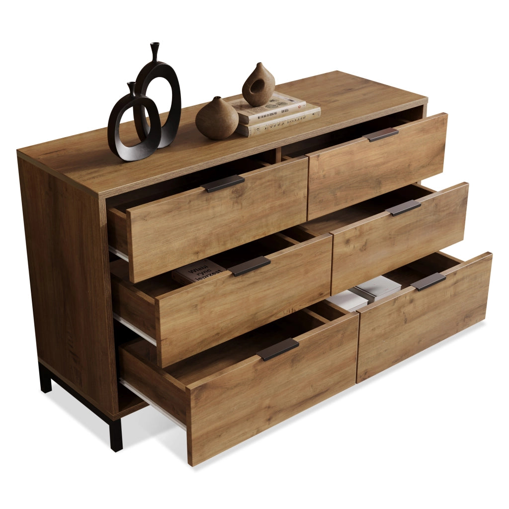 Cassettiera industriale con 6 cassetti e piedini regolabili per camera da letto, rovere scuro, 120 × 40 × 76 cm