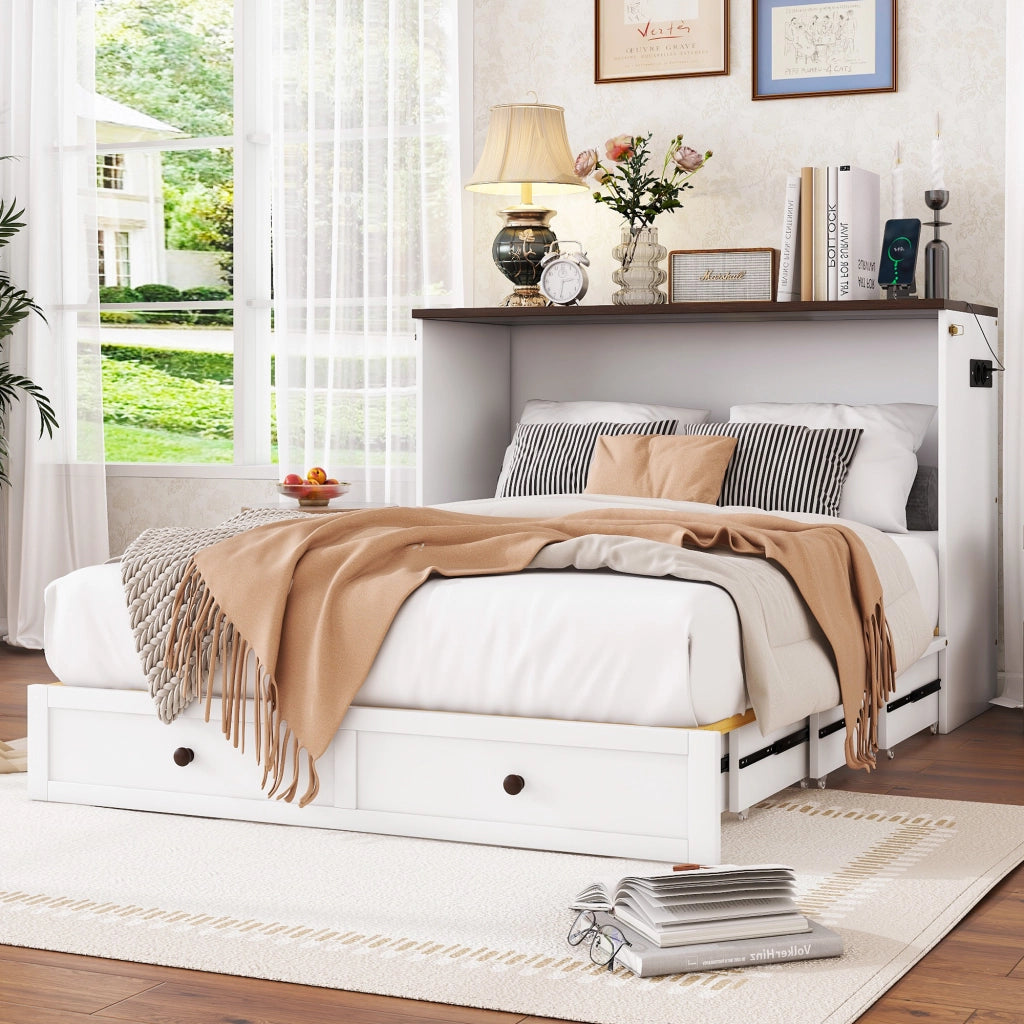 Letto matrimoniale trasformabile 140 × 200 cm con cassetto ripiano USB e presa in pino e MDF bianco