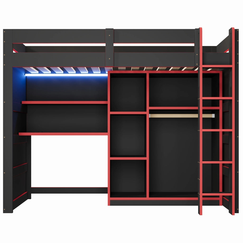 Letto a soppalco 90 × 200 cm 1 posto con scrivania, armadio, illuminazione LED e USB, senza materasso, nero rosso